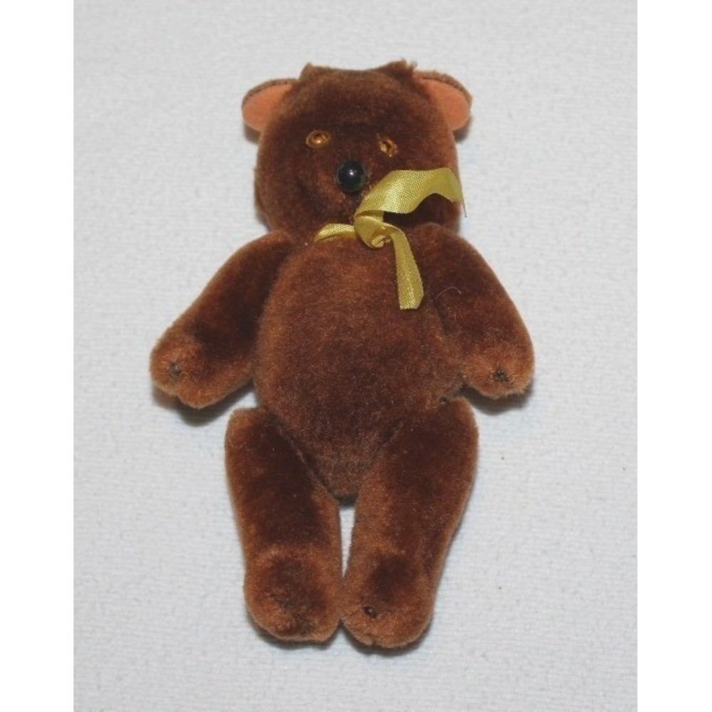 vintage miniature 5" articulated brown stuffed bear plush yellow ribbon